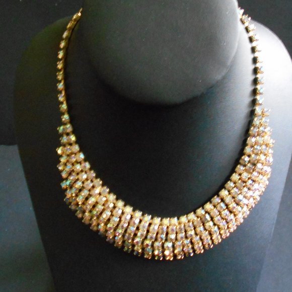 Vintage Elgin American Multi-Tier Aurora Borealis Necklace & Clip-On Earrings - Picture 1 of 10